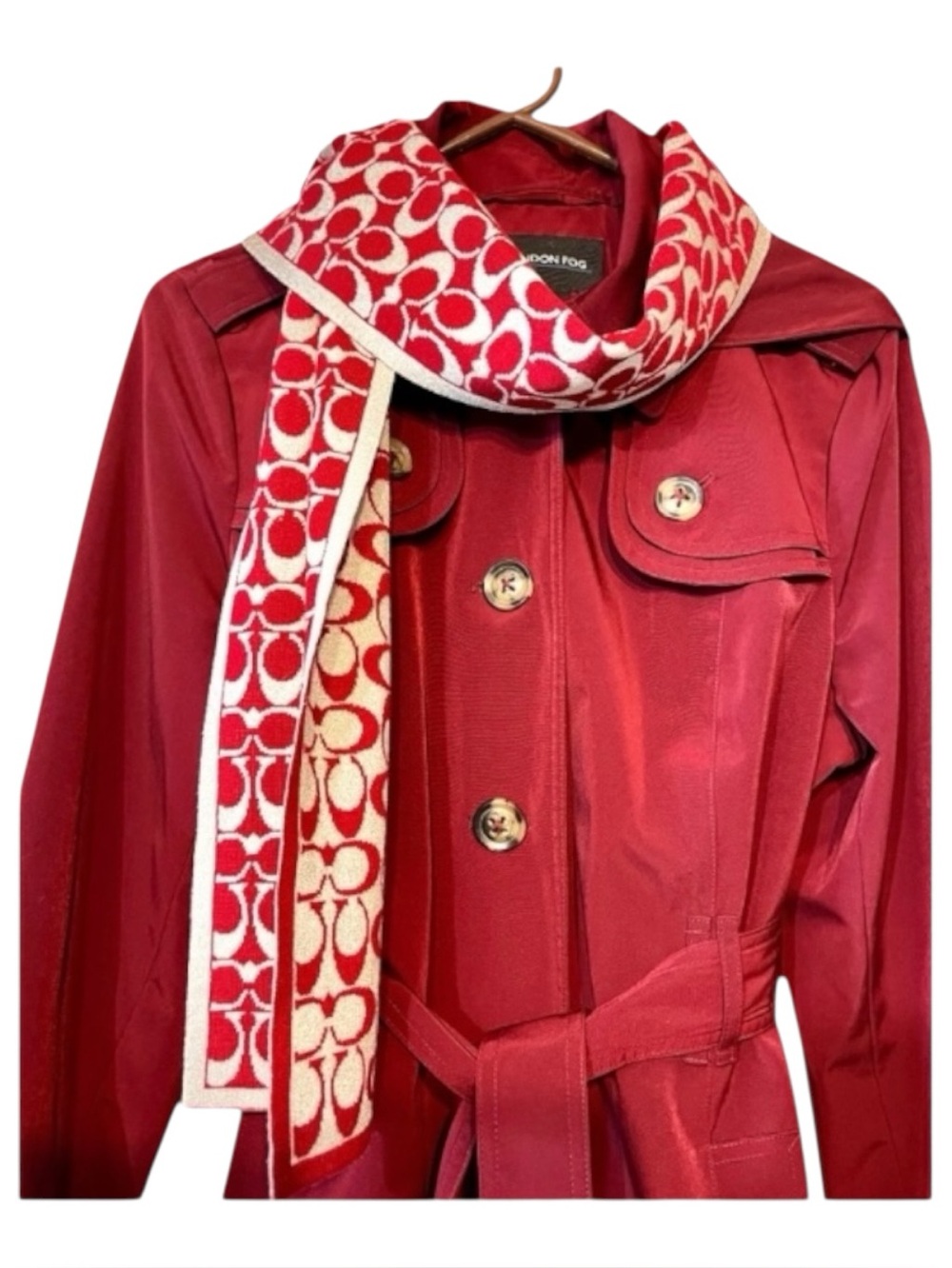 Coach NWOT Deep Red & Silver Metallic Wool Scarf